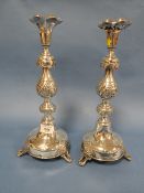 A PAIR OF RUSSIAN HALLMARKED SILVER LATE 19TH CENTURY CANDLESTICKS WITH ENGRAVED INITIALS L.J.,