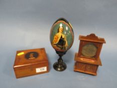 A SMALL REPRODUCTION POLYPHON, A RUSSIAN PAINTED EGG ON STAND TOGETHER WITH A SMALL INLAID BOX