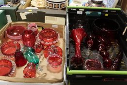 TWO TRAYS OF ASSORTED MODERN AND VINTAGE CRANBERRY GLASSWARE ETC TO INCLUDE DRINKING GLASSES, A