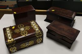 A SELECTION OF FOUR WOODEN BOXES TO INC TWO VINTAGE JEWELLERY BOXES