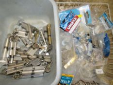 A BOX CONTAINING A QUANTITY OF ISEO CYLINDER LOCKS AND ASSORTED DOOR LATCHES