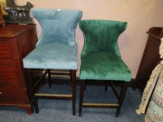 A MODERN UPHOLSTERED KITCHEN STOOL AND A SIMILAR LOWER GREEN EXAMPLE (2)