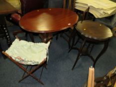 A 20TH CENTURY OVAL MAHOGANY TABLE, EDWARDIAN TABLE AND SEWING BAG (3)