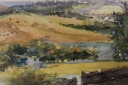 A FRAMED AND GLAZED WATERCOLOUR OF A HILLSIDE VIEW BY BARBARA STEWART - H 35.5 CM W 43.5 CM