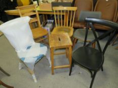 A VINTAGE WOODEN SCHOOL STOOL, TWO METAL BENTWOOD CHAIRS AND THREE OTHER CHAIRS (6)