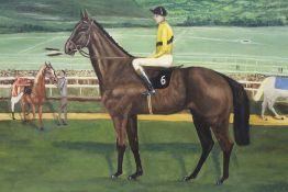 A LARGE FRAMED OIL ON CANVAS PORTRAIT OF THE RACEHORSE ARKLE - H 70 CM W 90 CM