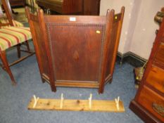 A VINTAGE OAK FIRESCREEN AND AN UNUSUAL COAT/HAT RACK, WALKING STICK...