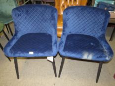 A PAIR OF MODERN DEEP BLUE UPHOLSTERED DINING CHAIRS
