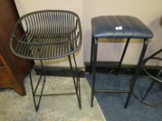 A MODERN BLUE LEATHER STOOL TOGETHER WITH A MODERN METAL STOOL (2)