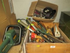 A SELECTION OF GARDEN TOOLS, ASSORTED SPANNERS AND WOODWORKING TOOLS ETC