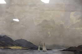 A FRAMED AND GLAZED WATERCOLOUR OF YACHTS ON A LAKE SIGNED RON GREEN LOWER LEFT - H 33 CM W 51 CM