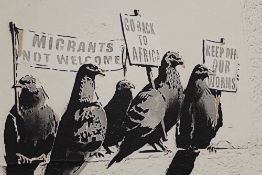 A CANVAS PRINT OF A BANKSY PICTURE - H 51 CM W 77 CM