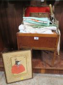 A VINTAGE SEWING BOX AND VARIOUS MATERIAL TO INCLUDE A FRAMED 'THE ROBIN'S SONG' PICTURE
