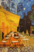 A LARGE CANVAS PRINT OF AN IMPRESSIONIST PAINTING OF A STREET CAFE SCENE - H 125 CM W 76.5 CM