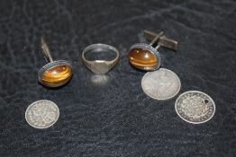A PAIR OF TIGERS EYE AND STERLING SILVER CUFFLINKS, TOGETHER COINS & A RING