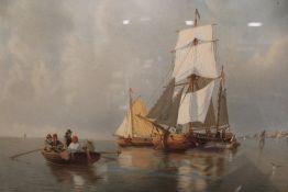 A PAIR OF GILT FRAMED AND GLAZED CONTINENTAL WATERCOLOURS OF BOATS ON THE SEA - H 34.5 CM W 54.5 CM