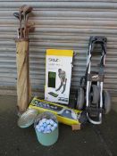 A SET OF VINTAGE GOLF CLUBS, POWAKADDY TWINLINE 1 GOLF TROLLEY, CATCH NET, MAT AND BALLS
