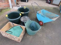 A GARDENA WHEEL BARROW WITH A SELECTION OF GARDEN BUCKETS WOODEN BOX AND TRUG
