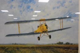 A SIGNED LIMITED EDITION FRAMED AND GLAZED PRINT OF A BI-PLANE ENTITLED 'HAPPY DAYS'BY GERALD
