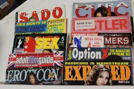 THREE BOXES OF ASSORTED VINTAGE ADULT MAGAZINES ETC, TITLES TO INCLUDE STRIPTIZ, HUSTLER,