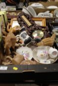 A BOX OF VARIOUS WOODEN ANIMALS ETC, TO INC A CARVED WOODEN BAROMETER AND A SELECTION OF ROYAL CROWN