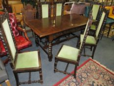 AN OAK 20TH CENTURY JACOBEAN STYLE REFECTORY DINING TABLE WITH SIX CARVED BARLEYTWIST CHAIRS - TABLE