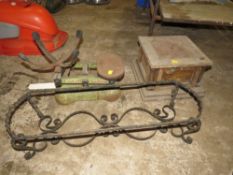 A WROUGHT IRON PLANTSTAND, A SET OF VINTAGE SCALES, TOGETHER WITH 'THE DISC GRAMOPHONE ' BODY A/F
