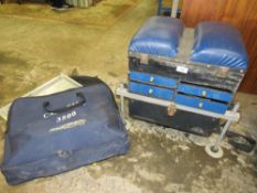 A VINTAGE FISHING SEAT BOX WITH PART CONTENTS AND NET