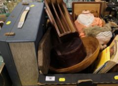 A TRAY OF COLLECTABLES TO INC WOODEN PATH SIGN A/F, VINTAGE DOLL. LEATHER EFFECT LETTER RACK