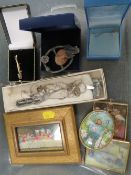 A COLLECTION OF ASSORTED COSTUME JEWELLERY TOGETHER WITH A SELECTION OF MINIATURE PORTRAITS ETC