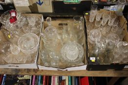 THREE TRAYS OF ASSORTED GLASSWARE TO INCLUDE A LEMONADE JUG AND GLASSES, CUT GLASS BOWLS,