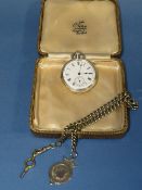 A VINTAGE WHITE METAL CASED POCKET WATCH MARKED FINE SILVER TOGETHER WITH A BASE METAL ALBERT