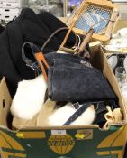 A BOX OF ASSORTED VINTAGE HUNTING / RIDING ATTIRE TO INCLUDE TWO JACKETS, A HUNT WHIP ETC,