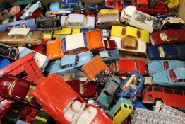 TWO TRAYS OF DIECAST CARS, MILITARY VEHICLES, TRUCKS AND BUSES ETC, MAINLY CORGI AND MATCHBOX