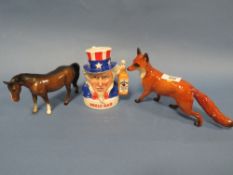 A ROYAL DOULTON JIM BEAM UNCLE SAM BOURBON FLASK TOGETHER WITH A STANDING FOX AND BROWN HORSE -