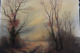 AN OIL ON BOARD OF A WINTER COUNTRY SCENE SIGNED LOWER RIGHT LESLIE COLE? 24.5 X 66 CM