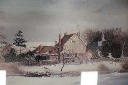 A FRAMED AND GLAZED SIGNED PRINT OF A WINTER FARM SCENE TOGETHER WITH A LANDSCAPE BEACH SCENE AN D A