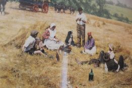 A LARGE FRAMED AND GLAZED SIGNED LIMITED EDITION DAVID SHEPHERD PRINT ENTITLED 'THE LUNCH BREAK' - H