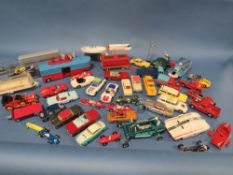 A BOX OF CORGI AND MATCHBOX CARS TO INCLUDE FAIRGROUND VEHICLES, OXFORD DIE CAST ETC