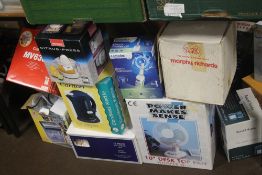 A QUANTITY OF BOXED ELECTRICALS TO INCLUDE KETTLE, SHREDDER ETC