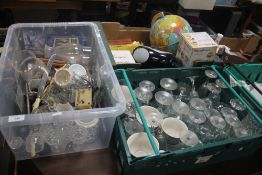 THREE TRAYS OF GLASSWARE AND SUNDRIES TO INCLUDE A GLOBE, CD PLAYER ETC (TRAYS NOT INCLUDED),br.