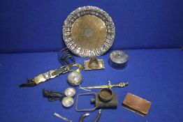 A TRAY OF METALWARE