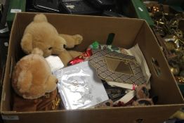 A TRAY OF SOFT TOYS ETC TO INCLUDE A HAMLEYS BEAR (TRAYS NOT INCLUDED),br.
