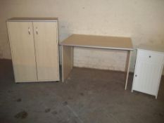 A SELECTION OF HOME OFFICE FURNITURE TO INCLUDE A DESK, AND STORAGE CUPBOARDS