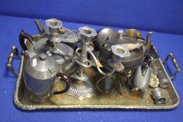 A LARGE TRAY OF METALWARE TO INCLUDE PEWTER