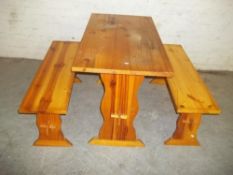 A SOLID PINE KITCHEN TABLE AND BENCH SEATS