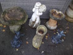 A CONCRETE BIRD BATH, STATUES AND AN OLD BOOT (6 ITEMS)