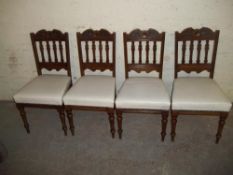 FOUR UPHOLSTERED ANTIQUE OAK DINING CHAIRS