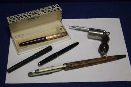 AN UNUSUAL COMBINATION, INKWELL/PEN/PENCIL SET IN THE FORM OF A PISTOL, TWO QUIL KNIFE LETTER
