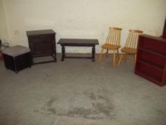 A COFFE TABLE, 2 CHAIRS, A CUPBOARD, A BOOKSHELF ETC (6 ITEMS INCLUDED)